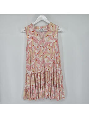 Nine West Sleeveless V-Neck Tiered Pink Floral Leaf Print Dress Women's M
